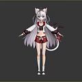 Anime Style Character With Cat Ears Tail Purple Hair Blue Eyes Red White Outfit